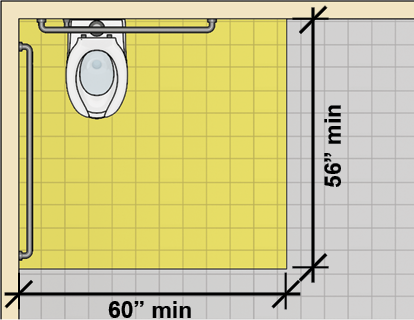 Water closet in corner with clearance 60 inches wide minimum and 56 inches minimum deep