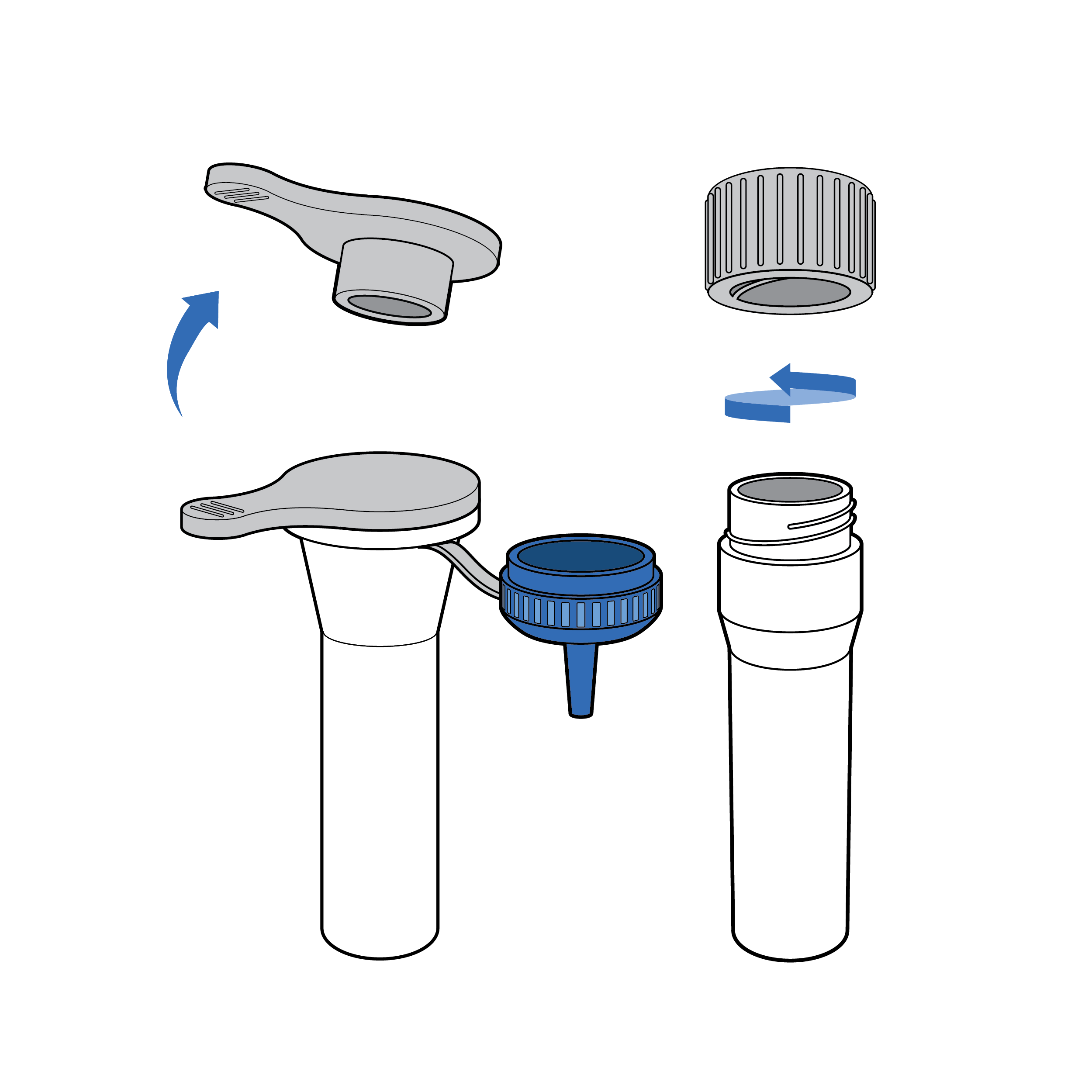 Two cylindrical vials with widened top-portions. The vial on the left has a cap with an elongated tab feature. An arrow indicates the cap can be removed by pushing on the tab. The vial on the right has threads on the cap. An arrow indicates it is removed by twisting.