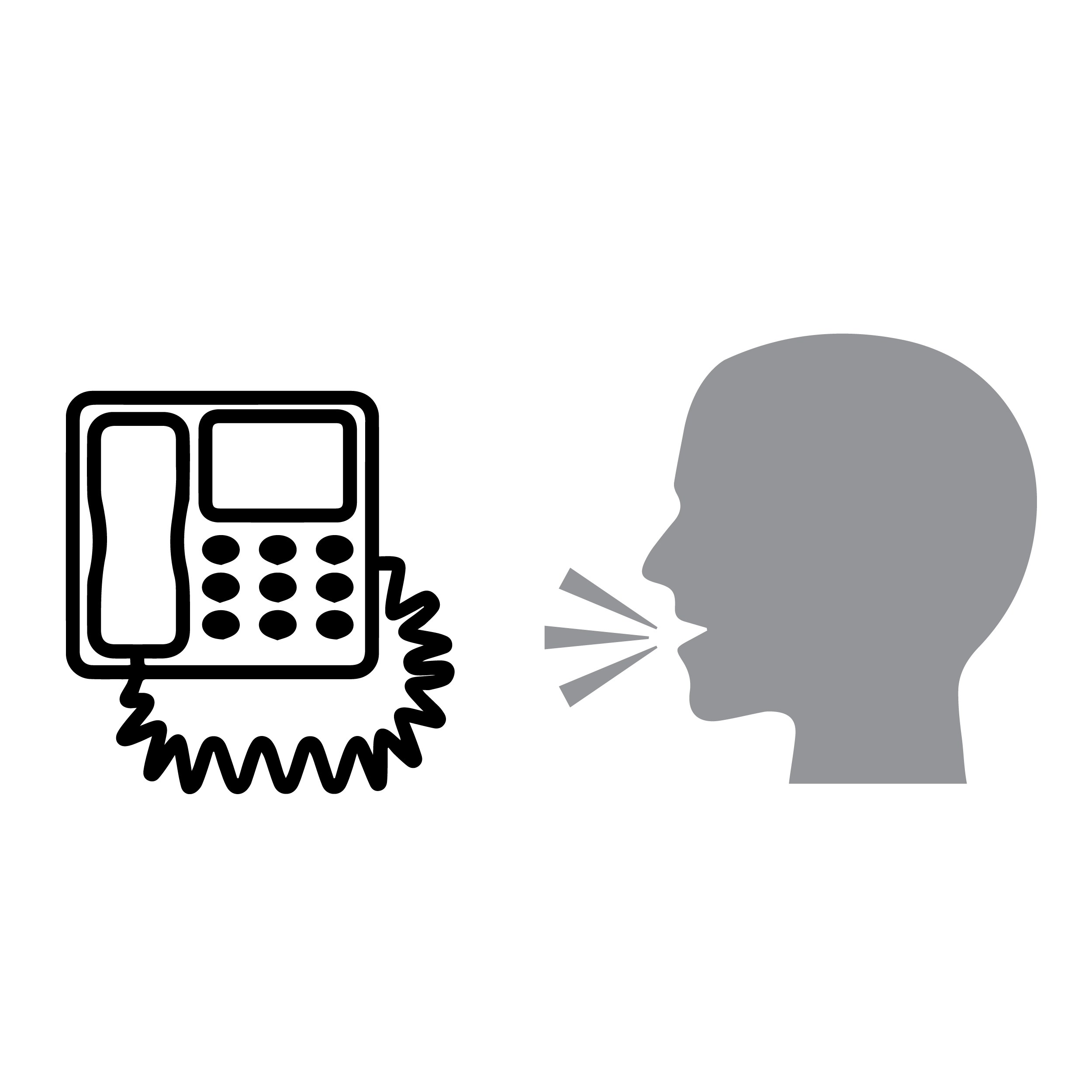 Landline phone with a dial pad. Illustration of a human face speaking in the direction of the phone.