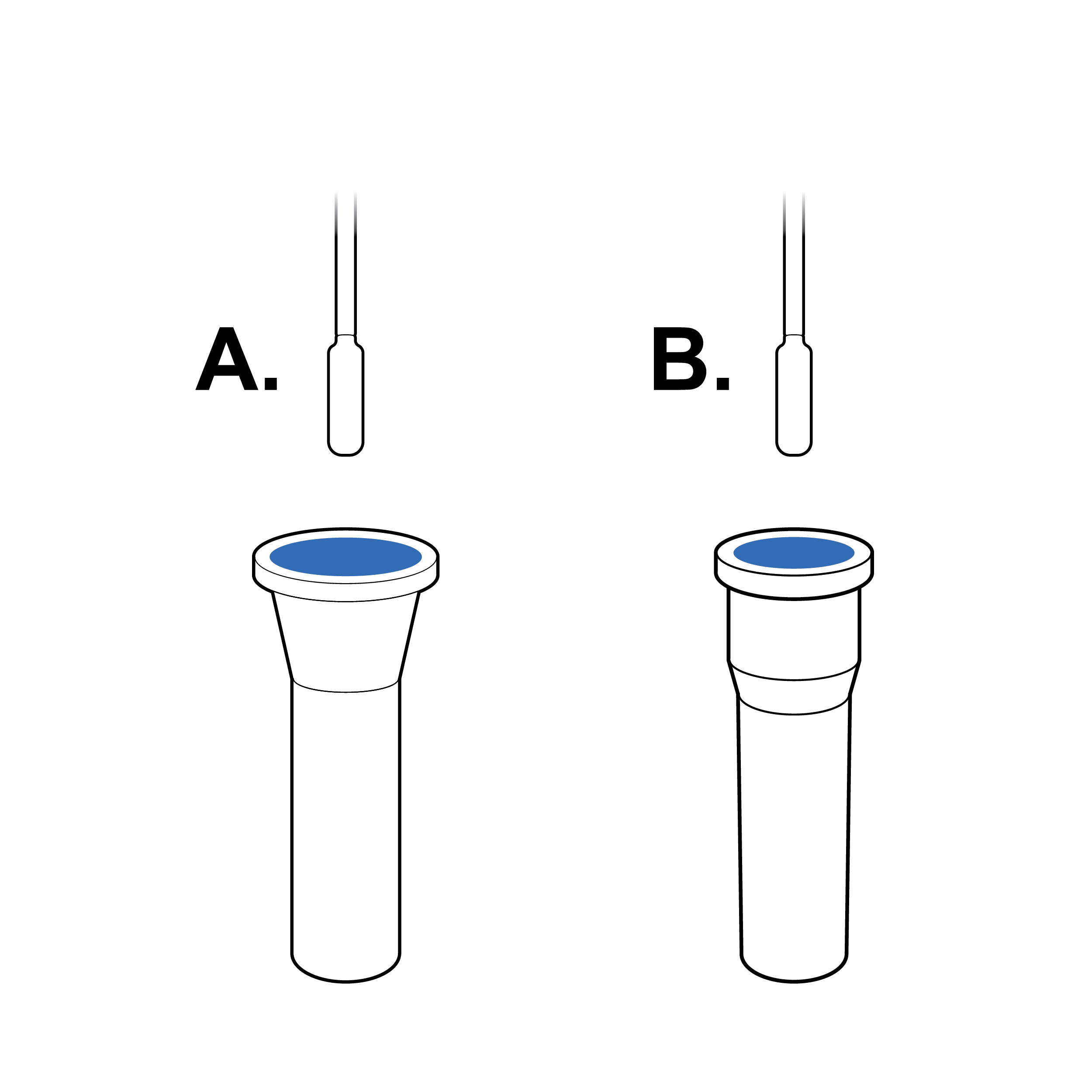 Two options are illustrated. The fluid vial openings in both A and B vials are shaded blue, indicating easier insertion of the swab. Under option A, the top of the vial is tapered in a funnel shape. Under option B, the top of the vial is wide and steps down near the mid-section of the vial.