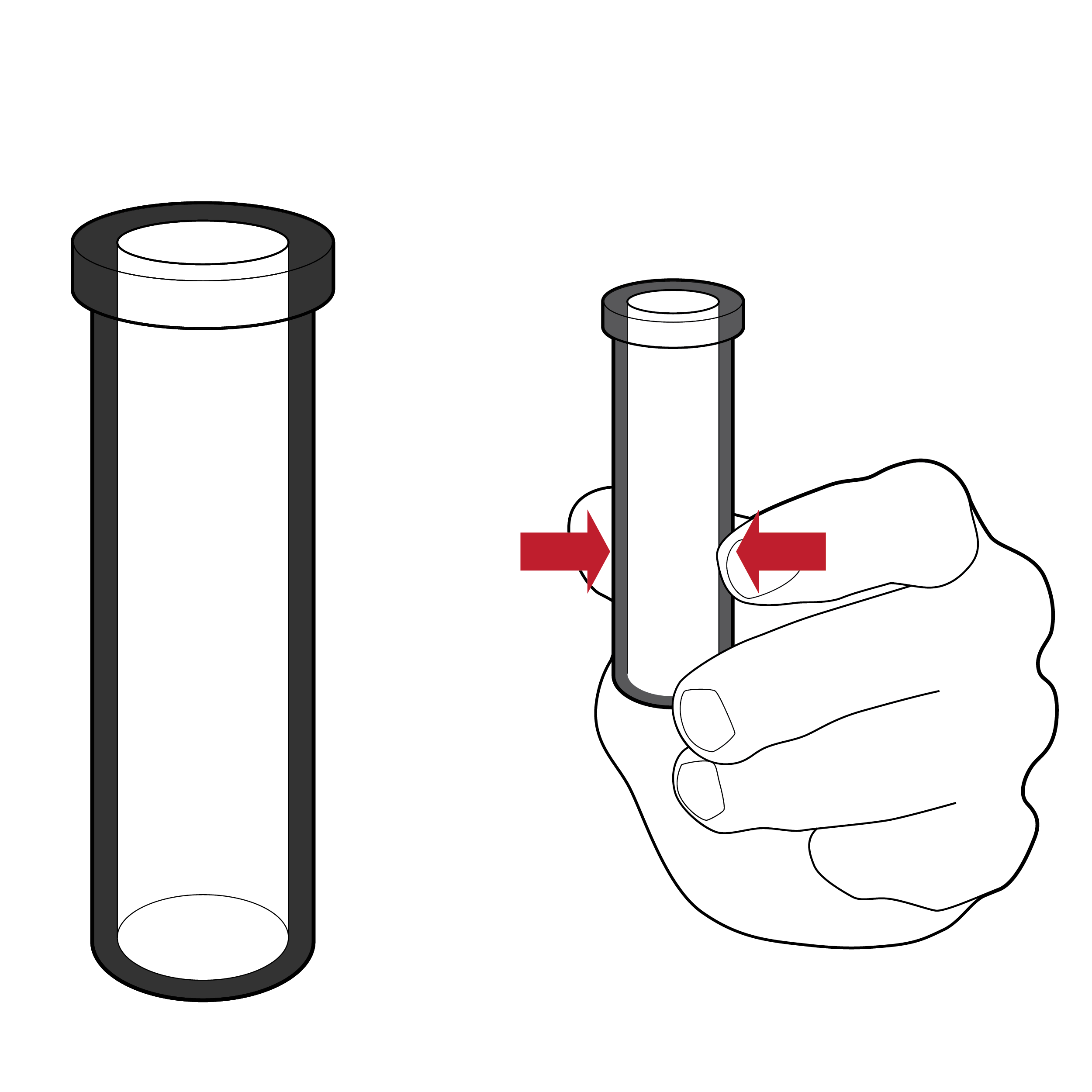 Cylindrical fluid vial with thick walls. A hand holding the vial at the center with a pinch grip has thick overlaid arrows, indicating difficulty in squeezing the vial.