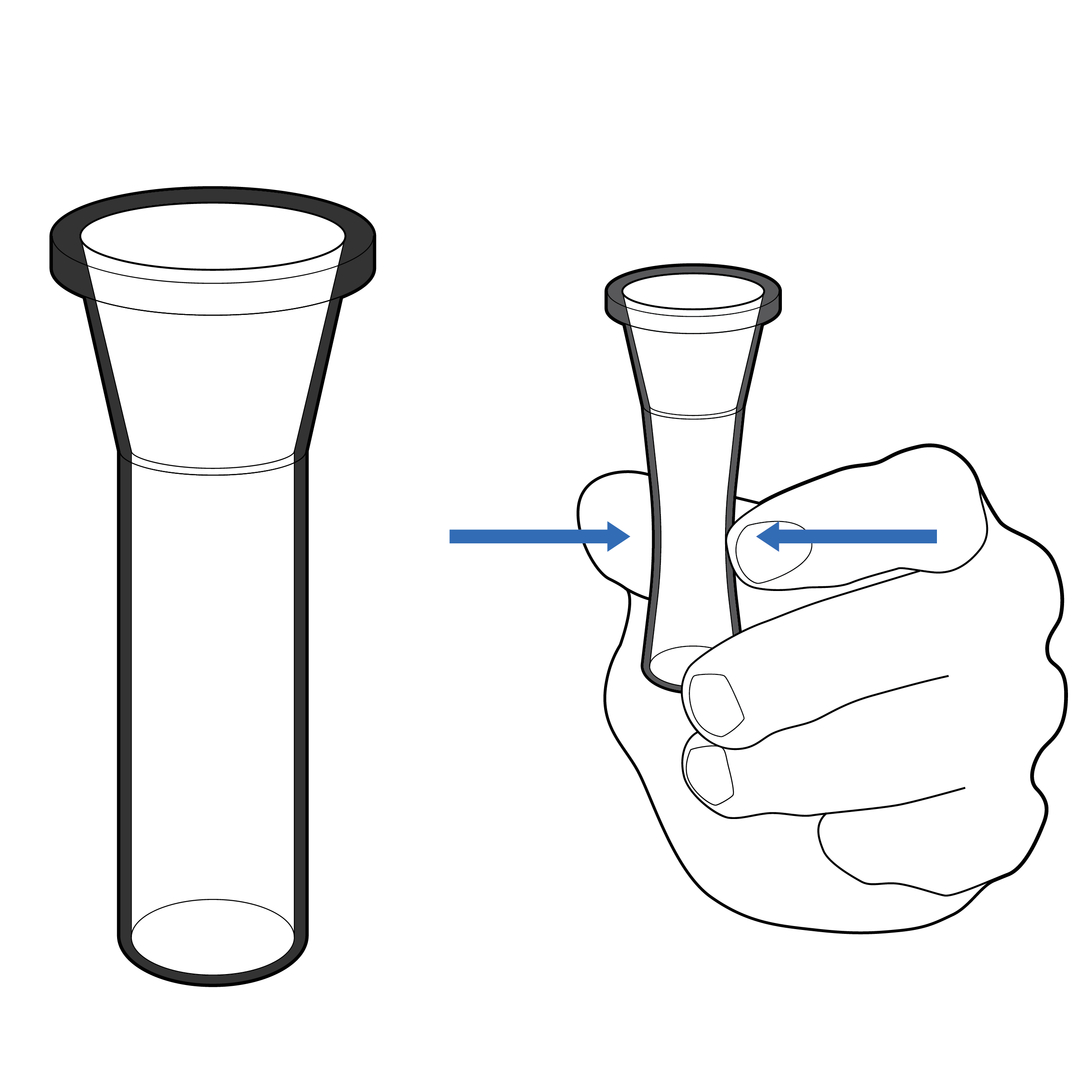 Cylindrical fluid vial with thin walls. A hand holding the vial at the center with a pinch grip has narrow overlaid arrows, indicating improved ease of squeezing the vial.