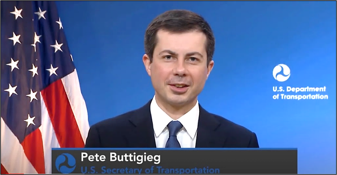 Pete Buttigieg photo at podium, U.S. Department of Transportaion