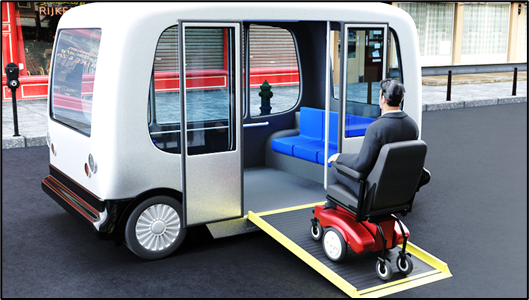 Man using a power wheelchair going up a ramp into an autonomous vehicle. Caption: The ADA Guidelines require ramps to have a clear width of at least 30 inches, edge guards at least 2 inches high and visual contrast striping along the perimeter of the ramp.