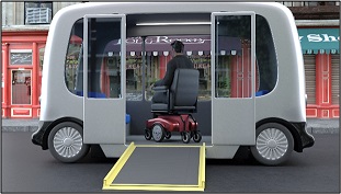 Illustration of AV with ramp deployed person in power chair inside AV.