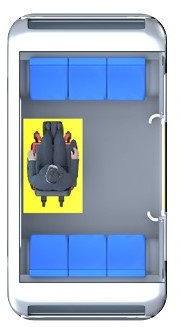 Overhead illustration of AV with a clear floor space inside, showing person in powerchair in the clear floor space. Caption: The ADA Guidelines require buses and vans to provide wheelchair spaces and securement systems.