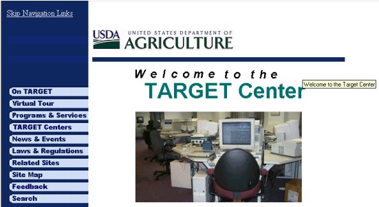 A screen print of the US Department of Agriculture TARGET Center Home page.