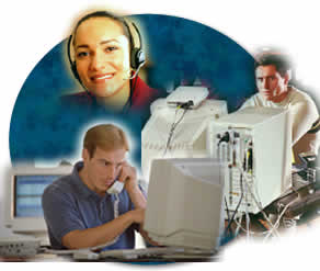 Image of three people representing the relay service: Callers and the Communications Assistant