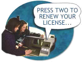 Person at a transaction machine that announces, "Press two to renew your license ..."