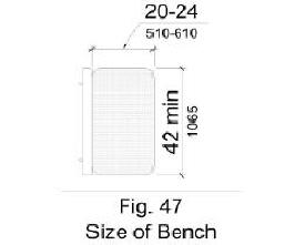 Figure 47 - Bench size shown in plan view to be 20 inches minimum to 24 inches maximum wide and 42 inches long minimum.