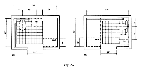 Diagram (a). A 90 inch by 60 inch toilet room with roll-shower is illustrated. A 32 inch wide clear opening is centered in the middle of the long wall opposite the fixtures. On the back wall, measured from the left side wall, the centerline of the toilet is 18 inches. The centerline of the lavatory is 30 inches from the centerline of the toilet. The width of the shower stall is 30 inches measured from the right side wall. The depth of the shower seat is 18 inches measured from the front wall. Diagram (b). A 60 inch by 93 inch toilet room with roll-in shower is illustrated. A 32 inch wide clear opening is centered in the middle of the long wall. On the side wall, the centerline of the toilet is 18 inches from the back wall, and the centerline of the lavatory is 27 inches from the centerline of the toilet. The shower is on the opposite side wall. The depth of the shower seat is 18 inches measured from the front wall.