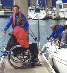 photo of woman in wheelchair on accessible finger
pier