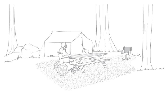 Person using wheelchair at campsite