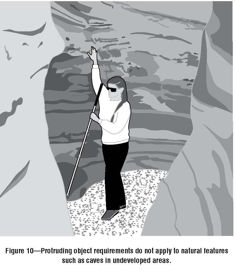 Drawing of a person with vision impairment walking through a cave.