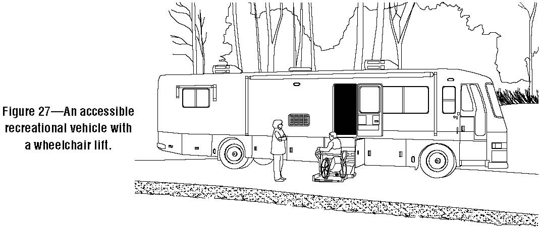 Line drawing of a large recreational vehicle (RV) with a lift platform near the middle of the RV.
