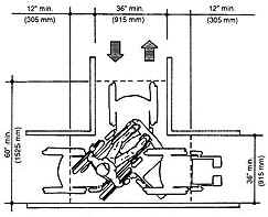 plan view of t-turn space where each segment is at least 60 inches (1525 mm) long and 36 inches (915 mm) wide