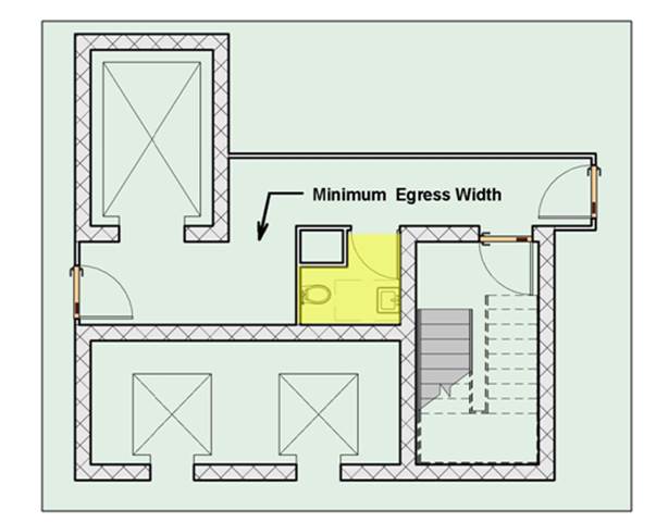Floor plan shows toilet room constrained in size by corridor./ min. egress width, stair tower, and elevator and freight elevator shafts