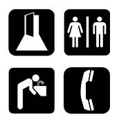 Symbols:  Path of travel, restroom, phone, drinking fountain