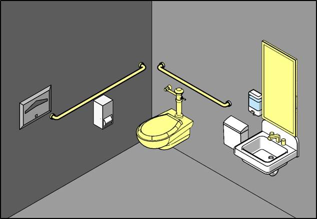 Figure of toilet room with altered elements highlighted: toilet, grab bars, faucet controls, and mirror. 