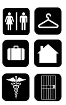 icons representing toilet/bathing facilities, dressing rooms,
transient lodging, dwelling units, medical care facilities, and prison
cells