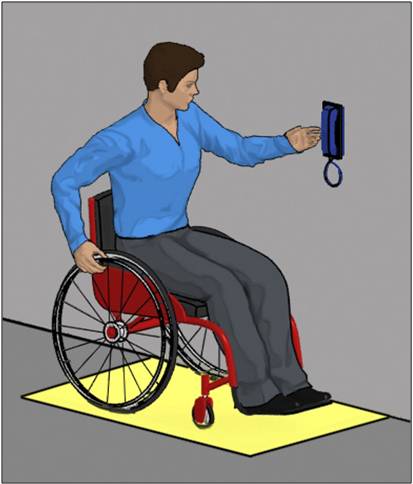 Person using wheelchair positioned for side reach to wall-mounted
phone