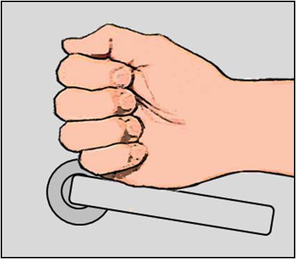 Hand (closed fist) pushing down on lever door hardware