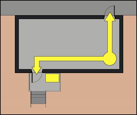Floor plan shows accessible means of egress extending to an exit and to exterior area for assisted rescue at second exit.