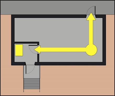 Floor plan shows accessible means of egress extending to an exit and to an interior area of refuge at second exit.