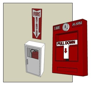 Fire extinguisher in cabinet and alarm pull