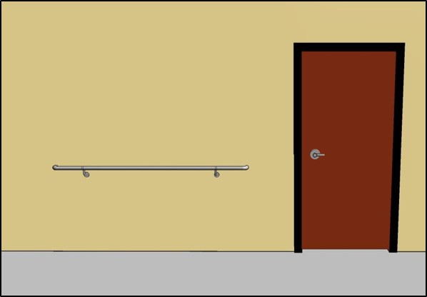 Corridor with doorway and adjacent handrail.  
