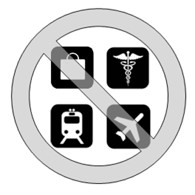 Symbols of shopping mall, health care facility, transit station, and
airport crossed out.