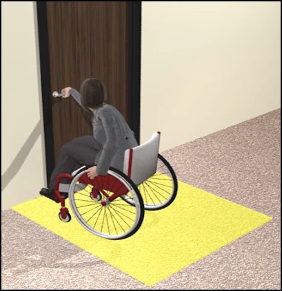 Woman using a wheelchair opening door