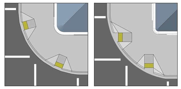 One figures shows curb ramps at corner with wide radius that are aligned with the curb line and another where the curb ramps or more directionally oriented to the crosswalk. 