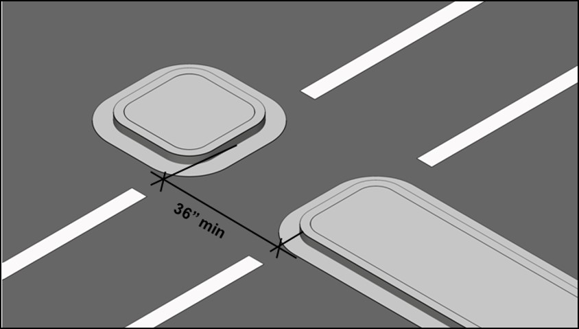 Cut-through pedestrian island with route at least 36” wide