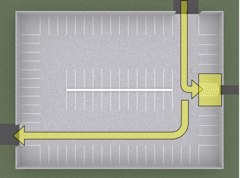 Plan view of garage with the following highlighted: vehicular route from entrance to van space, van space and access aisle, and vehicular route from van space to exit.