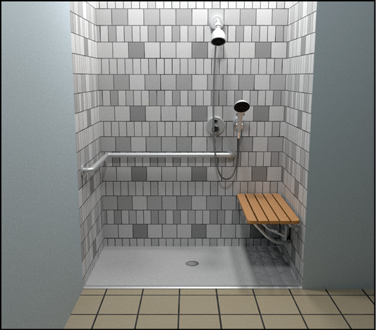 standard roll-in shower with folding seat on side wall
