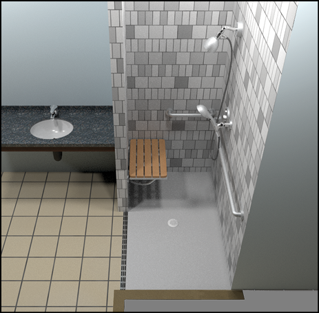 Alternate roll-in shower compartment with folding seat on front wall
next to opening.