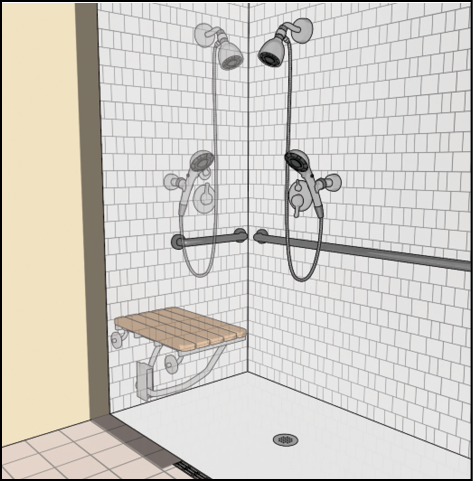 Shower controls and spray unit shown on the side wall farther from the opening or opposite the seat on the back wall.