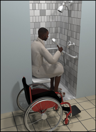 Person seated in shower and wheelchair located in front of shower opening.