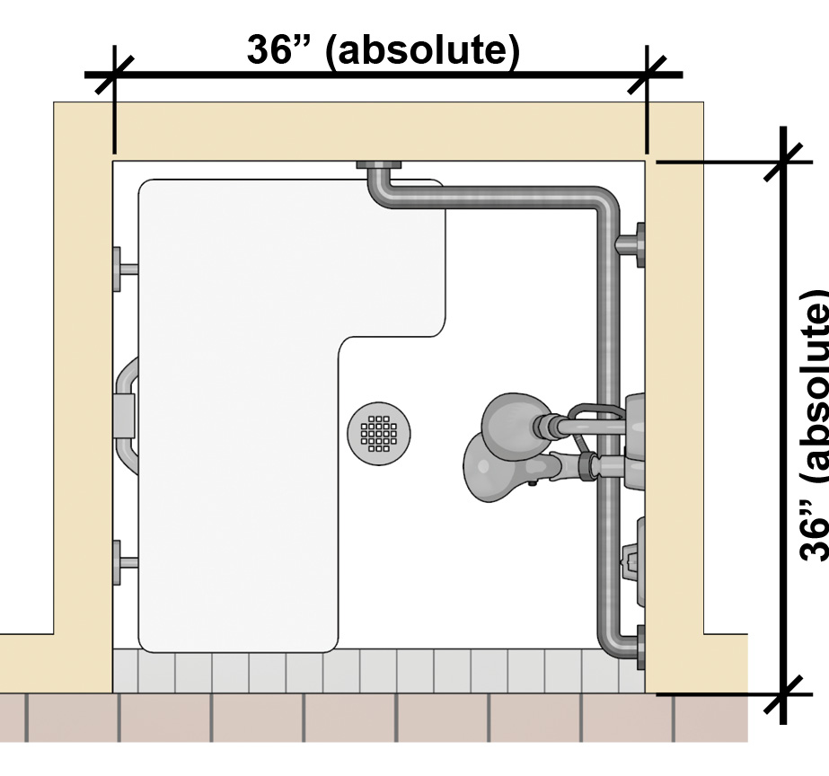 These dimensions are measured from the centerline of opposing walls
since prefabricated units often have rounded corners. The entry must be
at least 36 inches wide on the face of the compartment.
