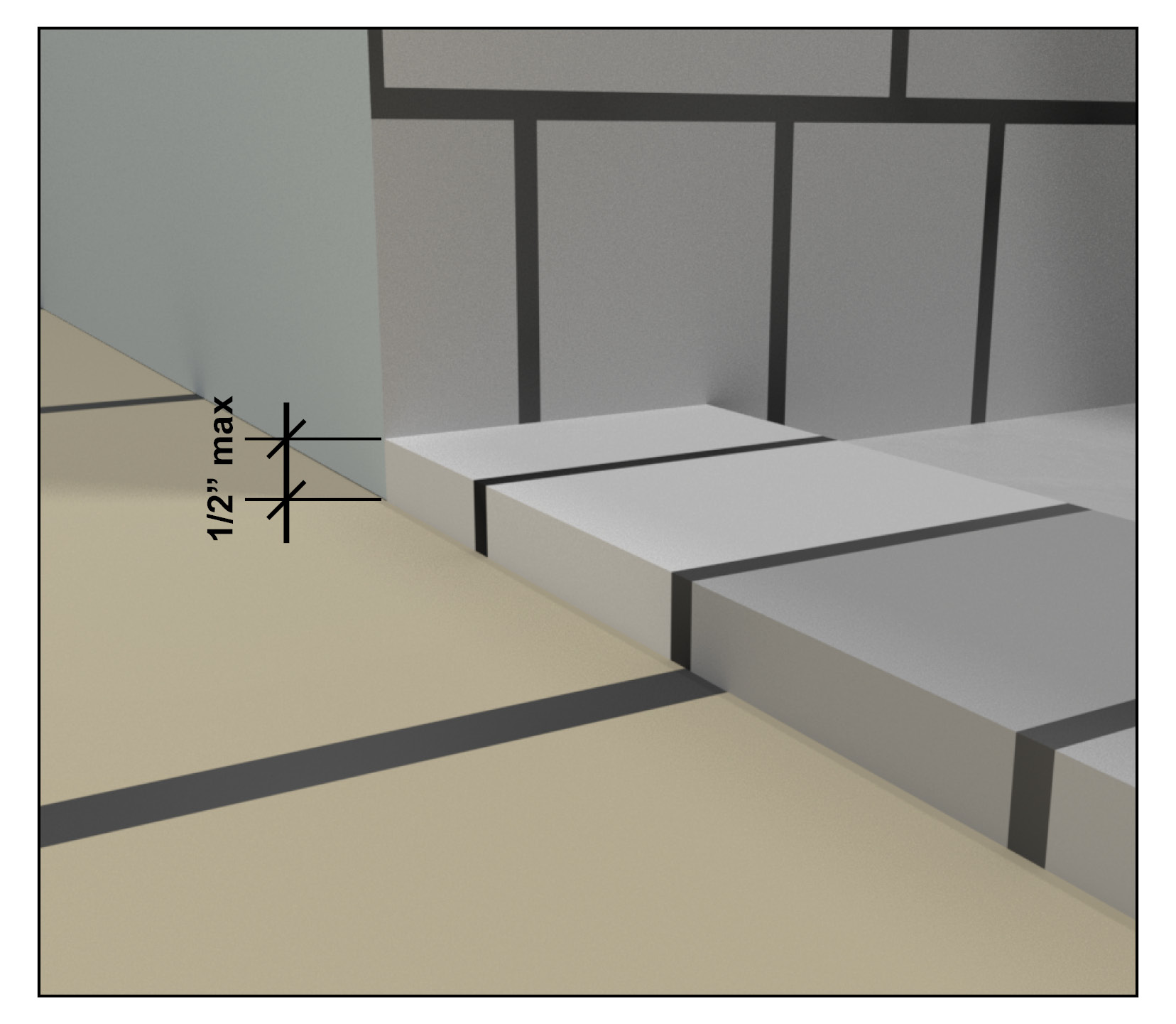 Curb at transfer shower compartment that is vertical and ½" maximum high.
