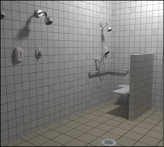 Open shower area with multiple shower heads and controls that incorporates a transfer compartment in the corner with a seat located on a half-wall. 