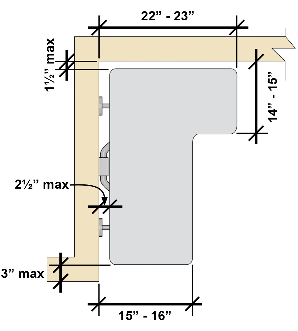 L-shaped shower seat with a rear edge that is 2½ inches max. from the seat wall and a front edge 15 inches to 16 inches from the seat wall. The rear edge of the L-portion is 1 ½ inches from the wall and the front edge is 14 inches to 15 inches from the wall. The end of the L is 22 inches to 23 inches from the main seat wall.