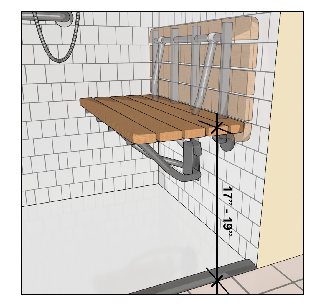 Folding seat with a height of 17 inches to 19 inches when open.