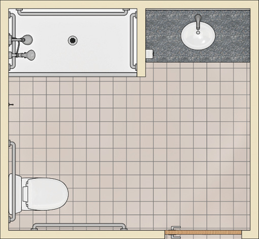 Plan view of bathroom with roll-in shower in a back corner and lavatory in a counter next to it in the other back corner.  A water closet is in the front corner opposite the shower.  A door is located in the other front corner opposite the lavatory.