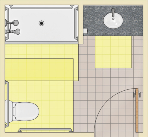 Bathroom with clearances shown at roll-in shower, lavatory, and water closet.  The shower and water closet clearances partly overlap.  The door does not swing into fixture clearances.