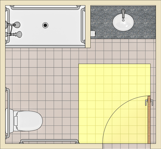 Door maneuvering clearance shown in bathroom with roll-in shower.