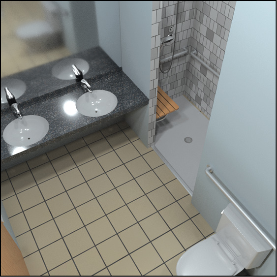 Bathroom with alternate roll-in shower, a counter with two
lavatories, and a water closet.