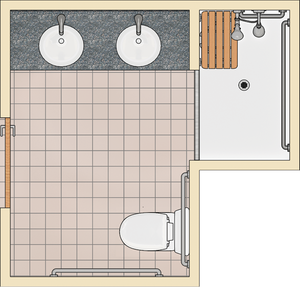Plan view shows alternate roll-in shower with adjacent counter with two lavatories.  The water closet is opposite the lavatories.  A door is located in a wall opposite the shower between the lavatory and the water closet.