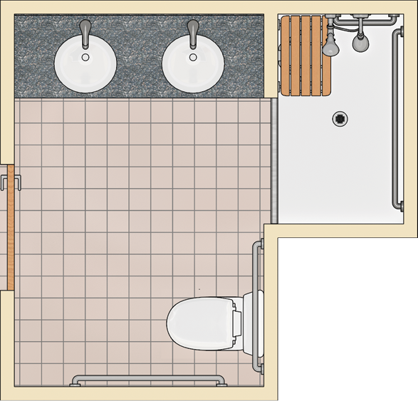 Plan view shows alternate roll-in shower with adjacent counter with
two lavatories. The water closet is opposite the lavatories. A door is
located in a wall opposite the shower between the lavatory and the water
closet.